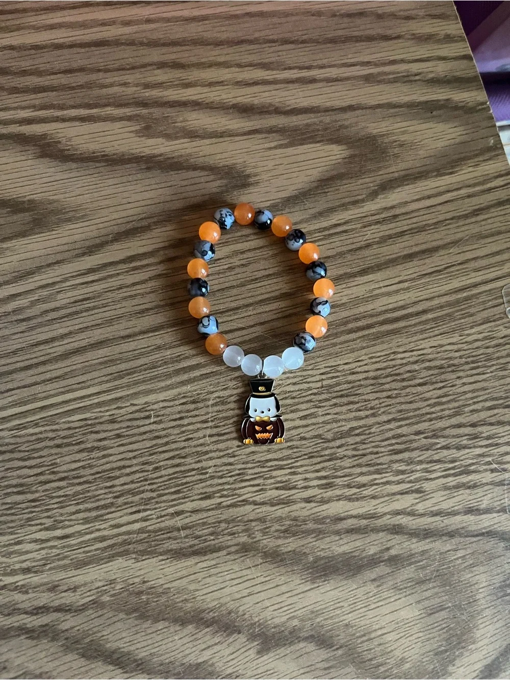 Halloween Pochacco Charm Beaded Bracelet - Orange, White, & Black Beads